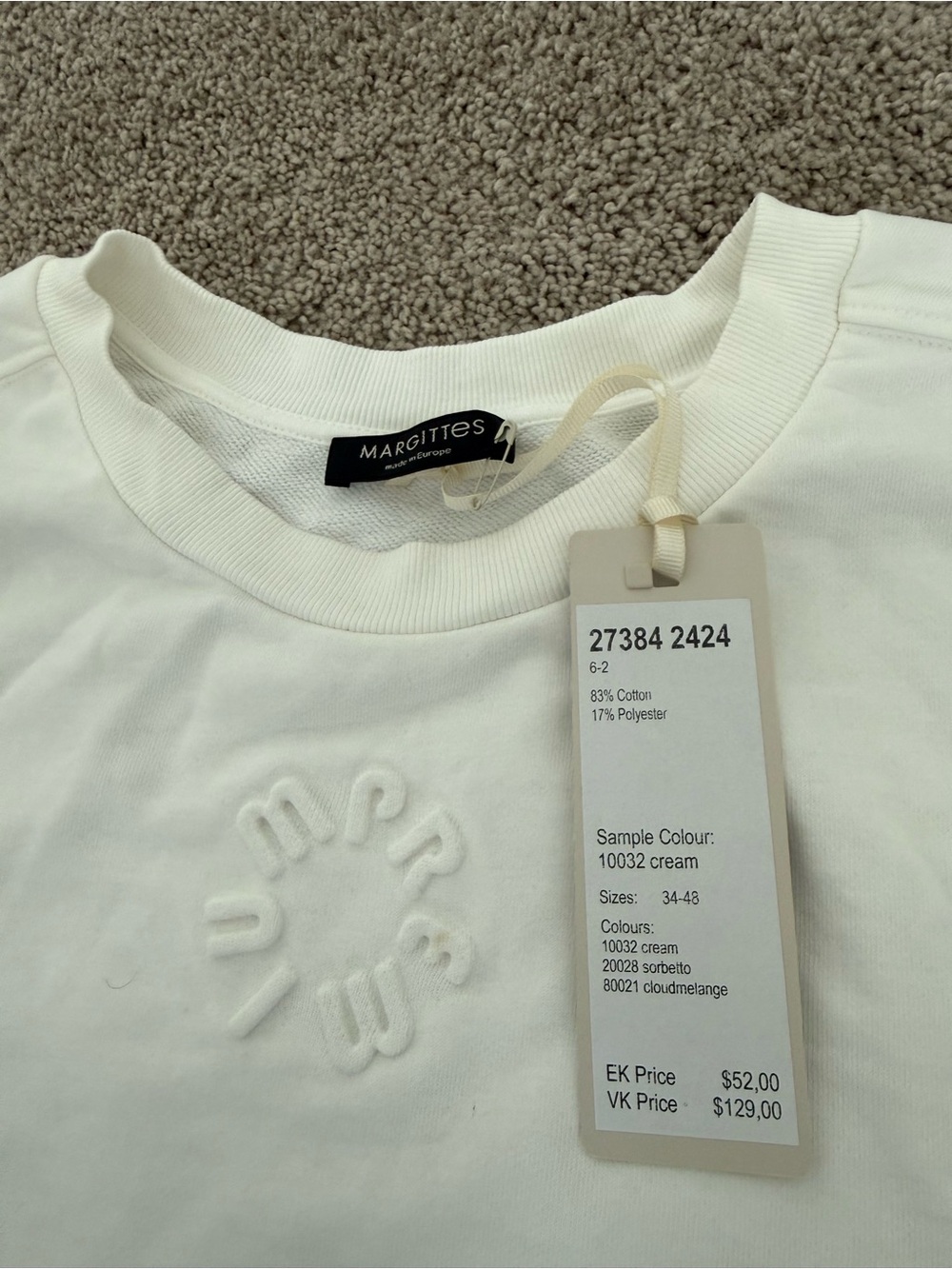 Margittes Cream Crewneck Sweatshirt with Raised Logo size 38
